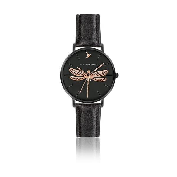 Дамски часовник с каишка от естествена кожа в черно Fly - Emily Westwood