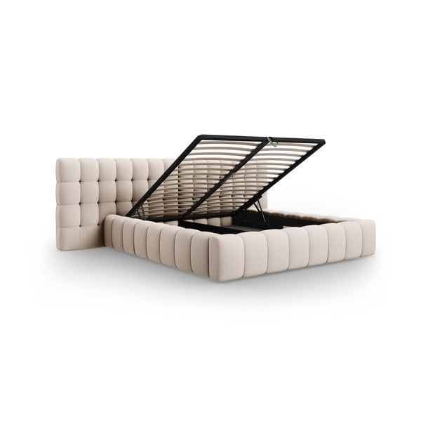 Бежово тапицирано двойно легло с място за съхранение с включена подматрачна рамка 160x200 cm Mamaia – Micadoni Home-image-3