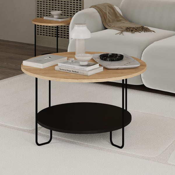 Кръгла масичка за кафе с дъбов плот в черен и естествен цвят ø 80 cm Tonka - Marckeric-image-2