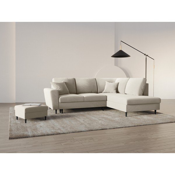 Бежов кадифен разтегателен ъглов диван с място за съхранение (десен ъгъл/L форма) Kyoto – Cosmopolitan Design-image-2