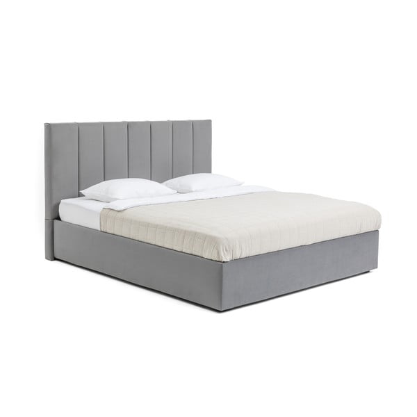 Сиво тапицирано двойно легло с място за съхранение и включена подматрачна рамка 160x200 cm Thessa Bold Line – Bonami Selection