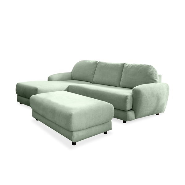 Светлозелен ъглов разтегателен диван (ляв ъгъл) с подложка за крака Comfy Claude - Miuform