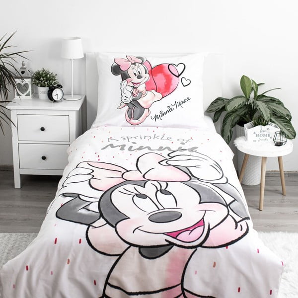 Бяло-розово единично  памучно детско спално бельо 140x200 cm Minnie "White" – Jerry Fabrics-image-1