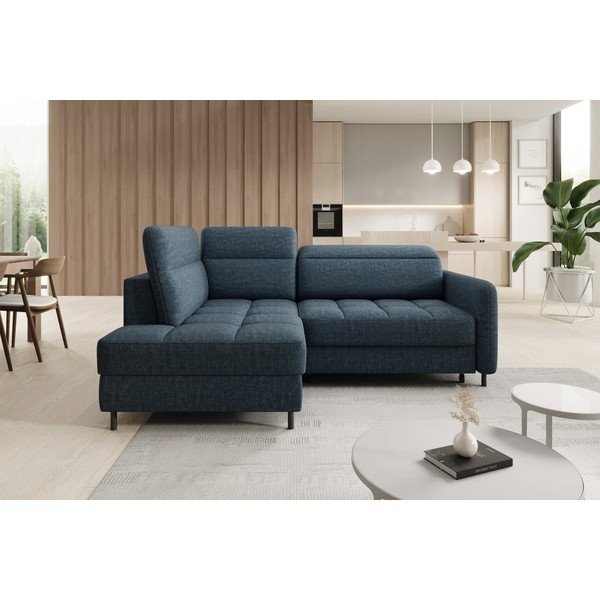 Син кадифен разтегателен ъглов диван с място за съхранение (ляв ъгъл L форма) Barea – ELTAP-image-3