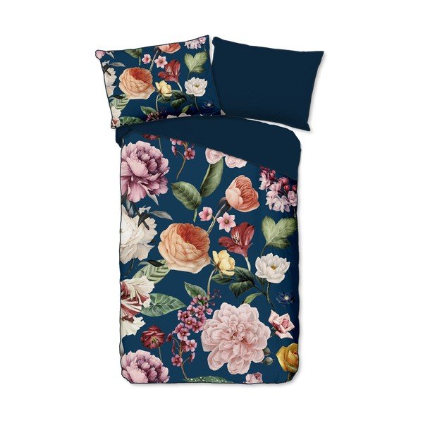 Тъмносиньо единично удължено спално бельо от памучен сатен 140x220 cm Fiori – Descanso