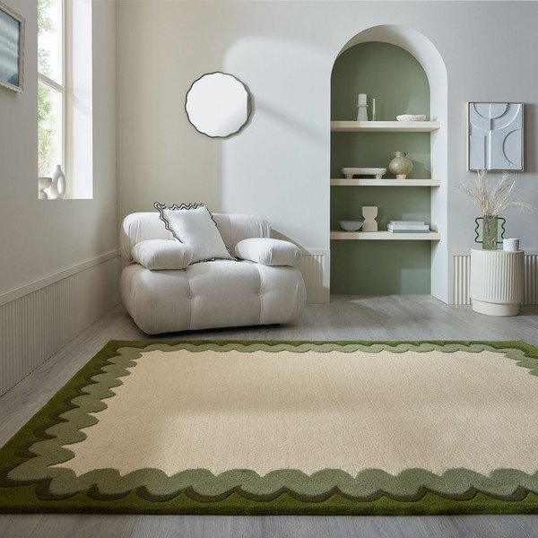 Зелен/в естествен цвят ръчно изработен вълнен килим 140x200 cm Wiggle Wool – Flair Rugs-image-1