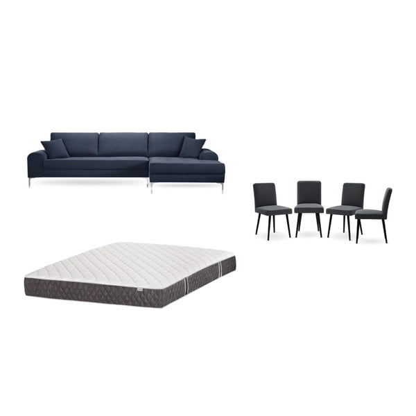 Комплект от тъмносин диван с мързелив диван отдясно, 4 антрацитно сиви стола и матрак 160 x 200 cm - Home Essentials