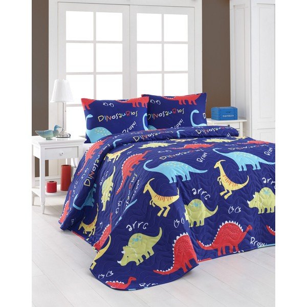 Set prošívaného přehozu a 2 povlaků na polštáře Eponj Home Dinazorus Blue, 200 x 220 cm