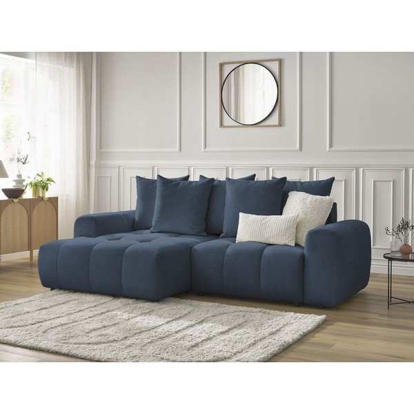 Син шенилов  разтегателен ъглов диван с място за съхранение (ляв ъгъл) Roxelane – Bobochic Paris-image-3