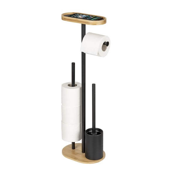 Стоманена поставка за тоалетна хартия стойка с четка в черен и естествен цвят Pomarolo – Wenko