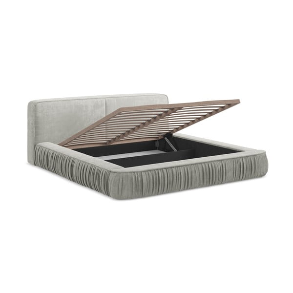 Светлосиво тапицирано двойно легло с място за съхранение и решетка 160x200 cm Keoni - Makamii-image-1
