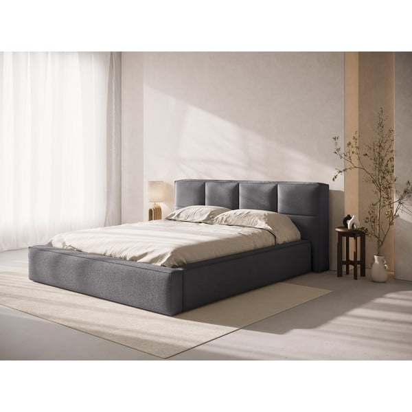 Тъмносиво двойно тапицирано легло с място за съхранение с включена подматрачна рамка 140x200 cm Simon – Micadoni -image-1