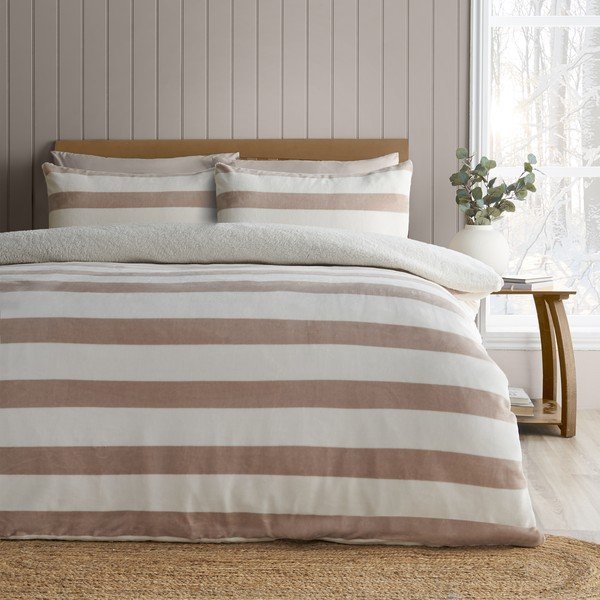 Единично  спално бельо от шерпа в естествен цвят 135x200 cm Cosy Sherpa Stripe – Catherine Lansfield-image-1