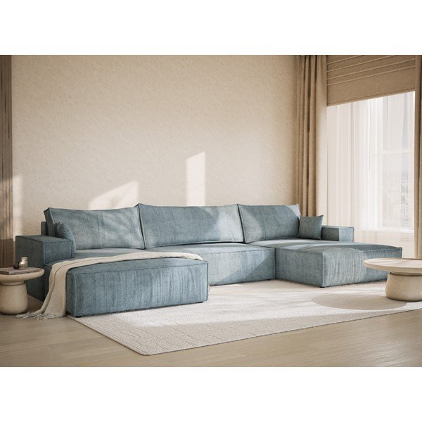 Светлосин шенилов сгъваем/с място за съхранение ъглов диван (U форма) Kyoto – Maison de Rêve-image-1