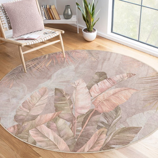 Светлорозов кръгъл килим подходящ за пране ø 100 cm Dusty Leaves – Mila Home-image-1