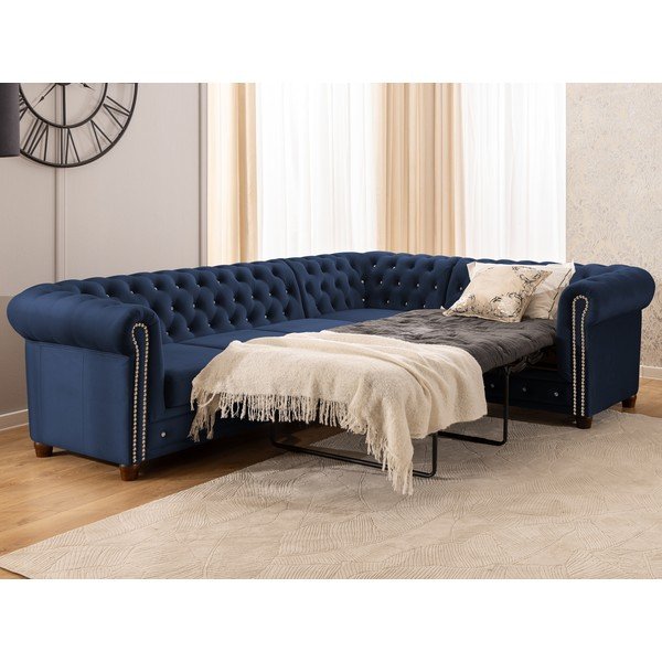 Син кадифен сгъваем ъглов диван (десен ъгъл/L форма) York Blik – Ropez-image-4