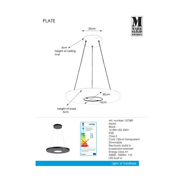 Черно висящо осветително тяло , ø 50 cm Plate - Markslöjd-image-1