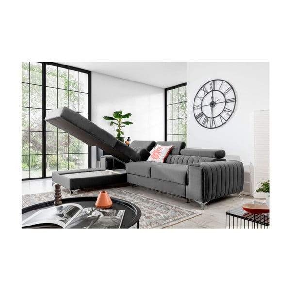 Сив кадифен разтегателен ъглов диван с място за съхранение (ляв ъгъл) Grayson – ELTAP-image-3