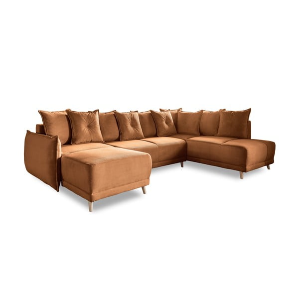 Ъглов разтегателен диван от велур в тухлен цвят (десен ъгъл/U-образна форма) Lazy Lukka - Miuform