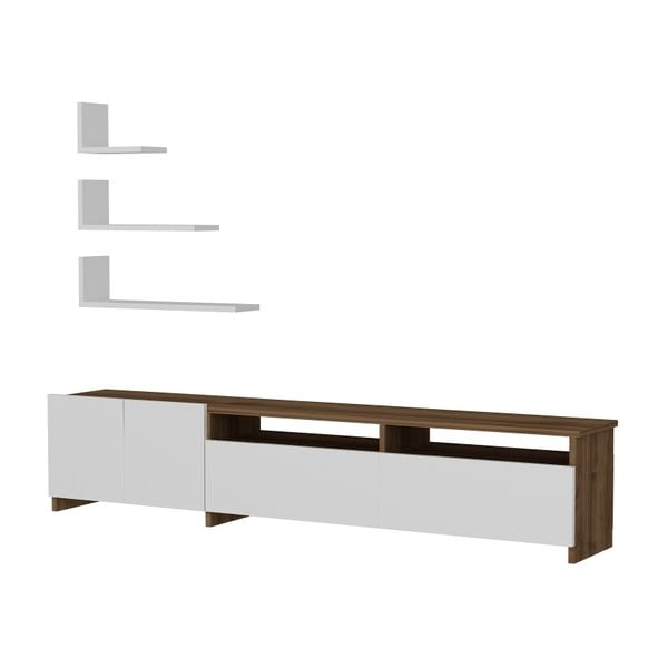 Комплект от бяла маса за телевизор и 3 стенни рафта с детайли от орехово дърво Gardo Gelincik - Wooden Art