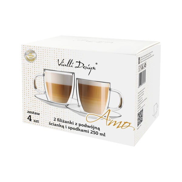 Комплект от 2 стъклени чаши с двойна стена и чинийка, 250 ml Amo - Vialli Design-image-4