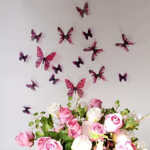 Комплект от 18 розови самозалепващи се 3D стикери Пеперуди - Ambiance