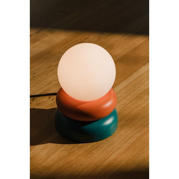 Настолна лампа от масивна дървесина в петролен цвят/оранжева със стъклен абажур (височина 24 cm) Otem – noo.ma-image-2