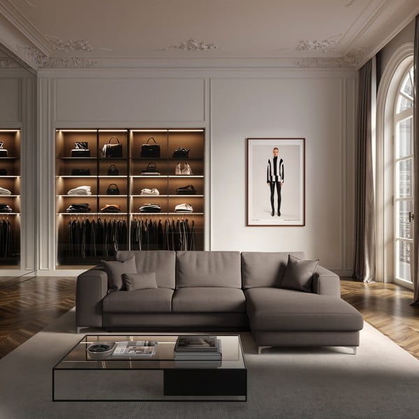 Кафяво-сив кадифен разтегателен ъглов диван с място за съхранение (десен ъгъл) Rene – Rodier-image-1