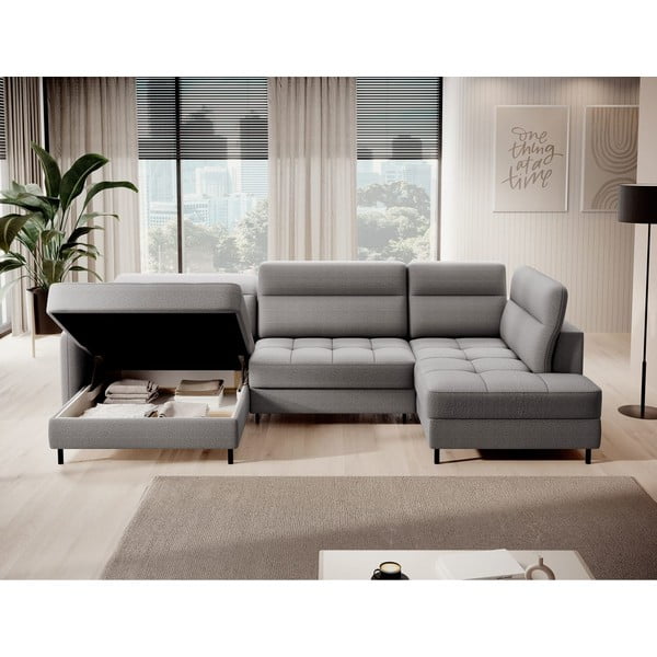 Светлосив кадифен разтегателен ъглов диван с място за съхранение (десен ъгъл U форма) Berrto – ELTAP-image-2