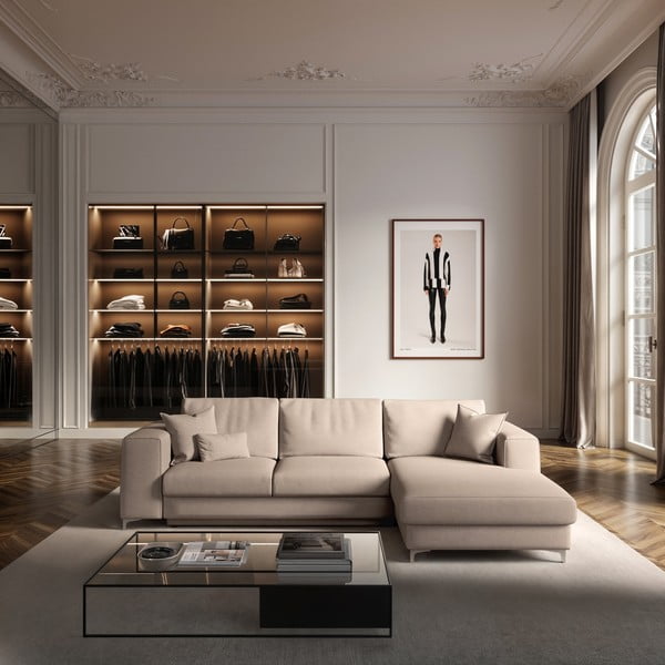 Бежов кадифен разтегателен ъглов диван с място за съхранение (десен ъгъл) Rene – Rodier-image-1