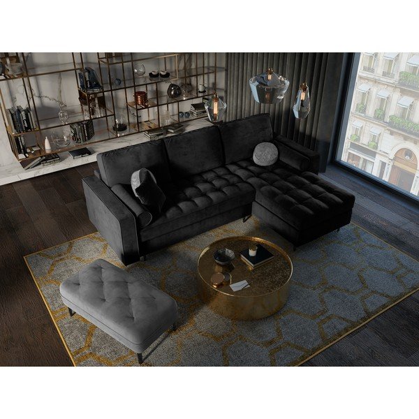 Черен кадифен ъглов разтегателен диван , десен ъгъл Santo - Milo Casa-image-1