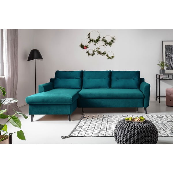 Ъглов разтегателен диван от тюркоазено кадифе, ляв ъгъл Stylish Stan - Miuform-image-1