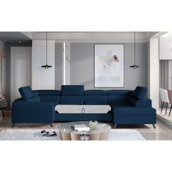 Син кадифен разтегателен ъглов диван с място за съхранение (десен ъгъл U форма) Escada – ELTAP-image-2