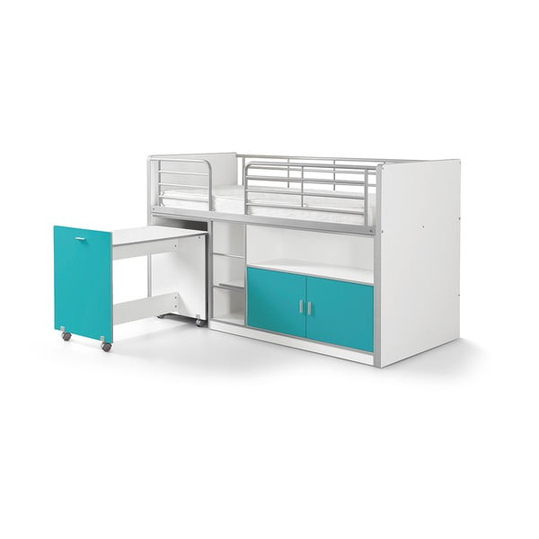 Двуетажно легло в бяло и тюркоазено с разтегателна маса и място за съхранение , 200 x 90 cm Bonny - Vipack