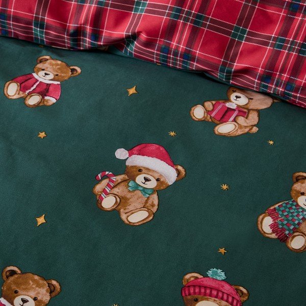Червено/тъмнозелено единично  спално бельо 150x120 cm Christmas Tartan Teddy Bear – Catherine Lansfield-image-2
