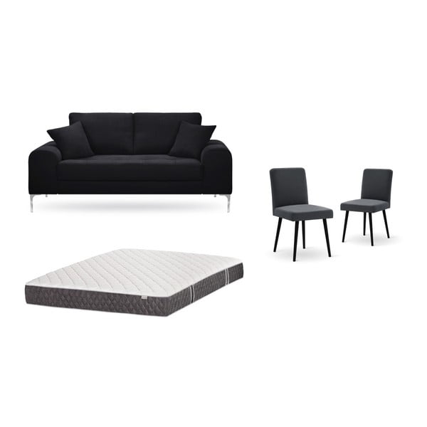 Комплект от двуместен черен диван, 2 антрацитно сиви стола и матрак 140 x 200 cm - Home Essentials