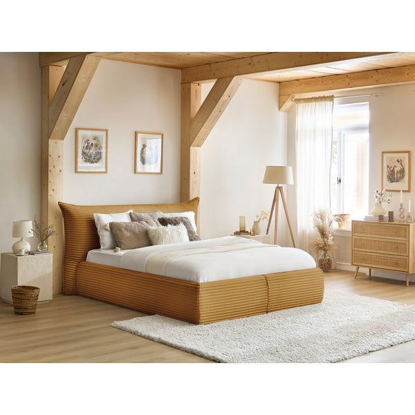 Жълто двойно тапицирано  легло с място за съхранение с включена подматрачна рамка 160x200 cm Jade – Bobochic Paris-image-1