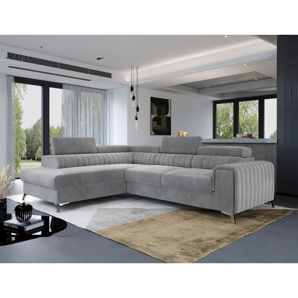 Сив кадифен разтегателен ъглов диван с място за съхранение (ляв ъгъл L форма) Laurence – ELTAP-image-4