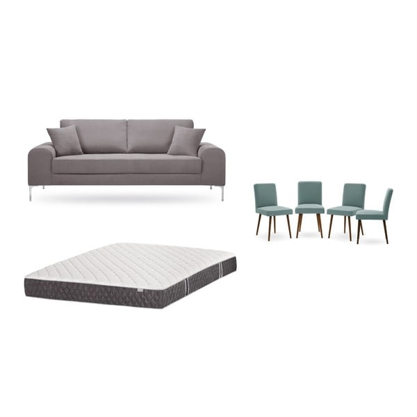 Комплект от триместен кафяв диван, 4 сиво-зелени стола и матрак 160 x 200 cm - Home Essentials