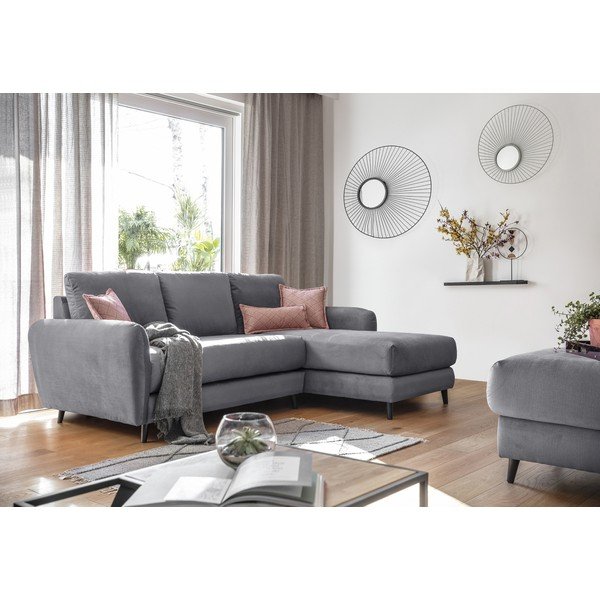 Светлосив ъглов диван от кадифе с подложка за крака, десен ъгъл Cosy Claire - Miuform-image-4