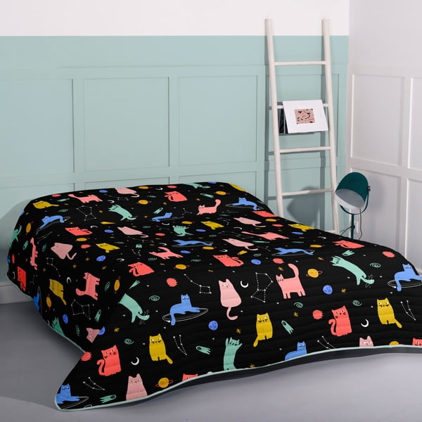 Черна ватирана покривка за легло 270x260 cm Cosmic cats - Aware