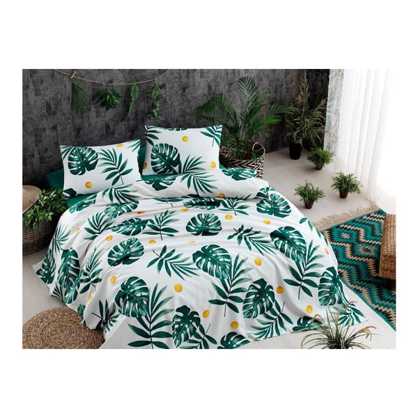 Комплект от памучна покривка за легло, чаршаф и 2 калъфки за възглавници Зелен, 200 x 235 cm Monstera - Mijolnir