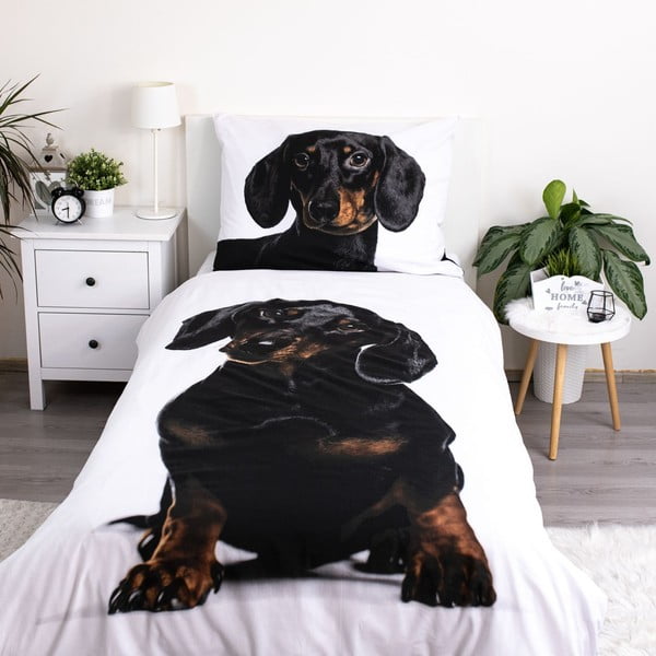 Черно-бяло единично  памучно детско спално бельо 140x200 cm Dachshund – Jerry Fabrics-image-1