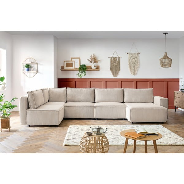 Кремав велурен U-образен ъглов диван, ляв ъгъл Nihad modular - Bobochic Paris-image-1