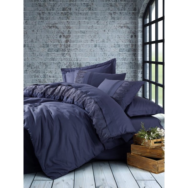 Тъмносиньо памучно спално бельо с чаршаф Cotton Box , 200 x 220 cm Enzo - Mijolnir