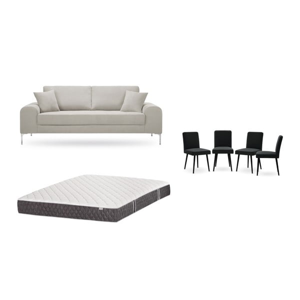 Комплект от триместен кремав диван, 4 черни стола и матрак 160 x 200 cm - Home Essentials