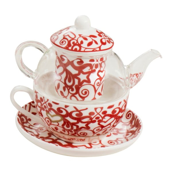Комплект от чайник, чаши с поднос и цедка за насипен чай, изработени от костен порцелан Abbracci Heart - Brandani