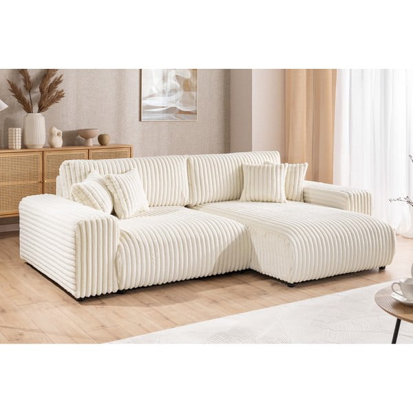 Кремав разтегателен ъглов диван от рипсено кадифе с място за съхранение (десен ъгъл) Sarina – Ropez-image-4