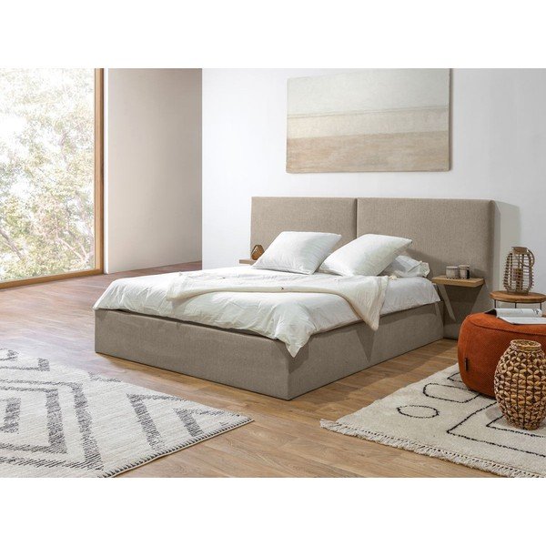 Бежово тапицирано двойно легло с място за съхранение с решетка 160x200 cm Blandine - Bobochic Paris-image-2