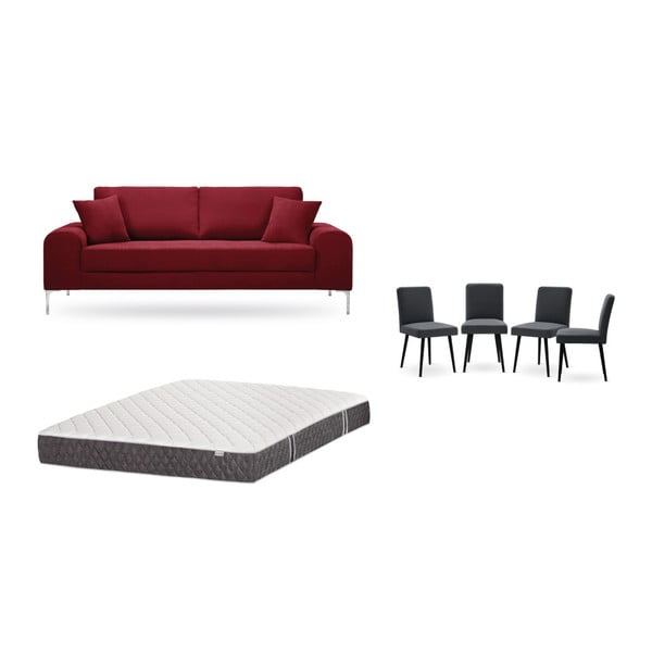 Комплект от триместен червен диван, 4 антрацитно сиви стола и матрак 160 x 200 cm - Home Essentials